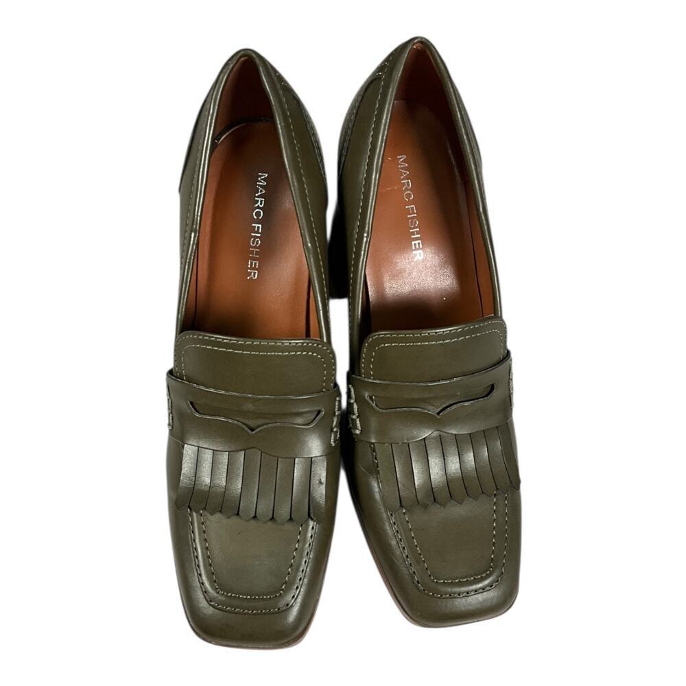 Marc Fisher Olive Green Chunky Heel Loafer Pumps Size 7.5 Fringe Preppy Block - Picture 9 of 12